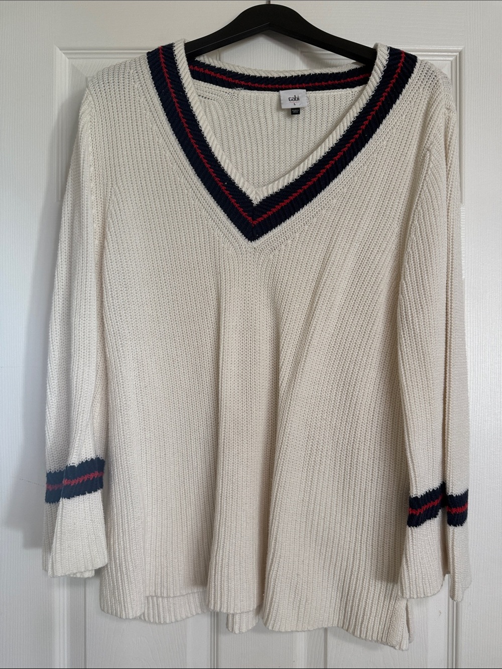 Cabi Varsity Cream V-Neck Striped Trim Sweater